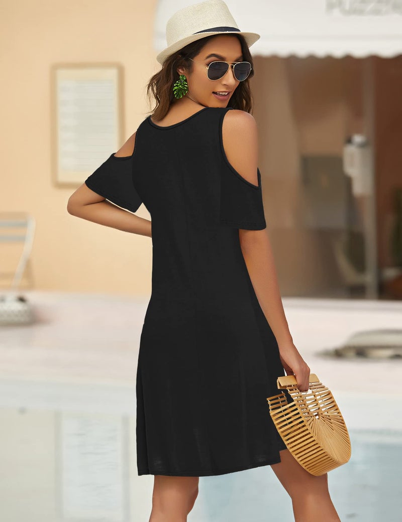 Bluetime Women Cold Shoulder Summer Dress Short Sleeve Beach Casual Loose Swing Dress (L, Black) - Image 4